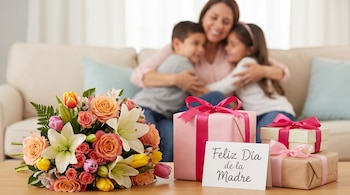 Un ramo de rosas, lirios y tulipanes de colores sobre una mesa de madera, junto a regalos envueltos. Al fondo, una madre abraza a sus dos hijos en un sofá.