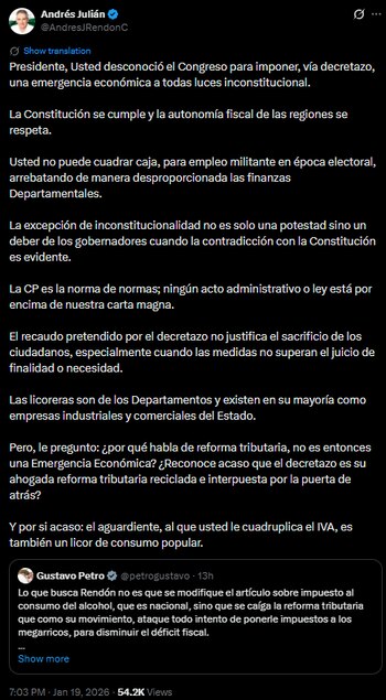 El mandatario departamental defendió la autonomía regional y cuestionó los verdaderos fines del decreto del Gobierno Petro - crédito @AndresJRendonC
