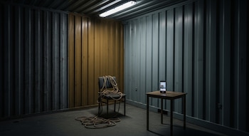 Interior de un contenedor de almacenamiento con paredes metálicas, una silla, sogas en el suelo y una mesa con un teléfono móvil que muestra un video en pausa.
