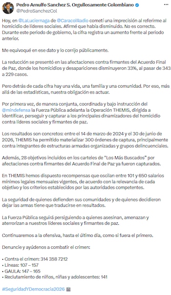 Ministro de Defensa saliente corrigió cifras y reveló incremento en asesinatos de líderes sociales - crédito @PedroSanchezCol/X