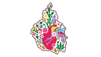 Contorno de mapa de ciudad con ilustración a color de un corazón, flores, nopal, maíz, colibrí, ajolote y otras plantas