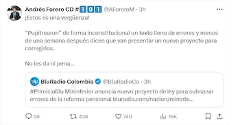 Andrés Forero crítica palabras del ministro del Interior sobre la reforma pensional - crédito @AForeroM