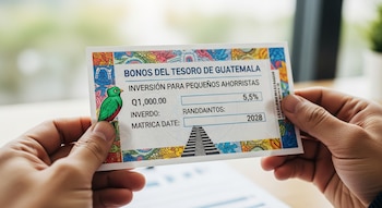 Dos manos sostienen un bono de inversión con texto "Bonos del Tesoro de Guatemala", "5,5%" y "2028", ilustrado con un quetzal y una pirámide.