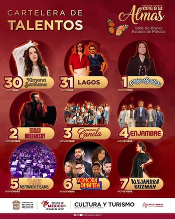 Cartel promocional con los artistas programados por fecha del 30 de octubre al 7 de noviembre para el Festival de las Almas en Valle de Bravo