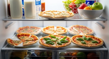 Vista interior de una nevera con varias pizzas en platos. Algunas tienen orégano espolvoreado y otras están adornadas con hojas de albahaca fresca.