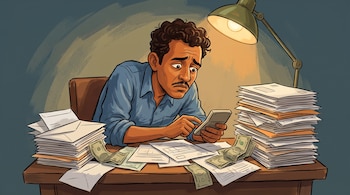 Caricatura de un hombre sentado en un escritorio, con cabello rizado y bigote, que mira una calculadora. Hay pilas de papeles, facturas y billetes.