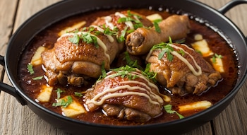 Piezas de pollo cocinadas con piel dorada, cubiertas con salsa blanca y perejil picado, en una salsa oscura dentro de una sartén negra sobre una tabla de madera.