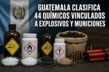 Frascos con símbolos de riesgo, cuencos con polvo, cartuchos de munición y cartuchos de dinamita frente a la bandera de Guatemala.