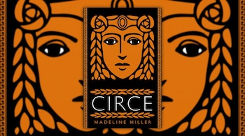 Cubierta del libro Circe con ilustración de rostro femenino estilizado en naranja y negro, bordes con patrón griego y letras blancas. Fondo a juego desenfocado.