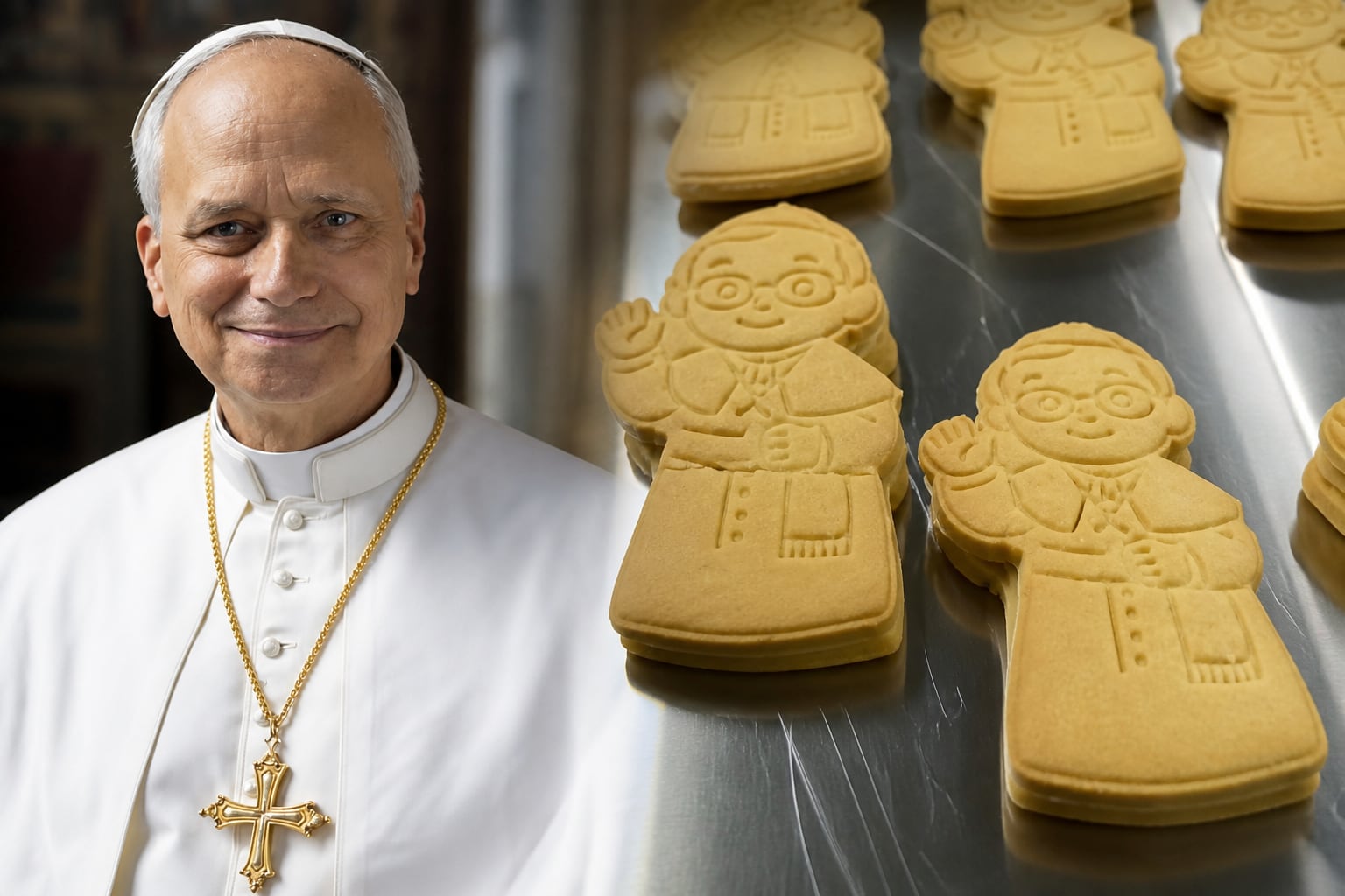Una composición gráfica presenta el retrato del papa León XIV junto a varios dulces tradicionales de king kong moldeados con su figura sobre una superficie metálica. (Imagen Ilustrativa Infobae)