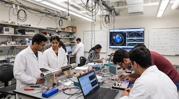 Un grupo de estudiantes trabaja en un laboratorio con un modelo de cohete, circuitos electrónicos, computadoras y pantallas con simulaciones espaciales.