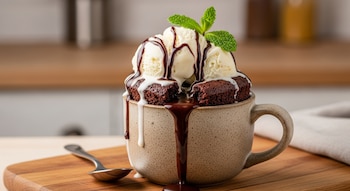 Un bizcocho de chocolate oscuro en una taza rústica, cubierto con bolas de helado de vainilla, sirope de chocolate y una hoja de menta, sobre tabla de madera.