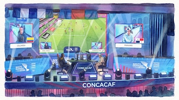 Acuarela de un escenario de deportes electrónicos con dos jugadores, pantallas gigantes con fútbol y letreros de Colombia, Panamá y Concacaf.