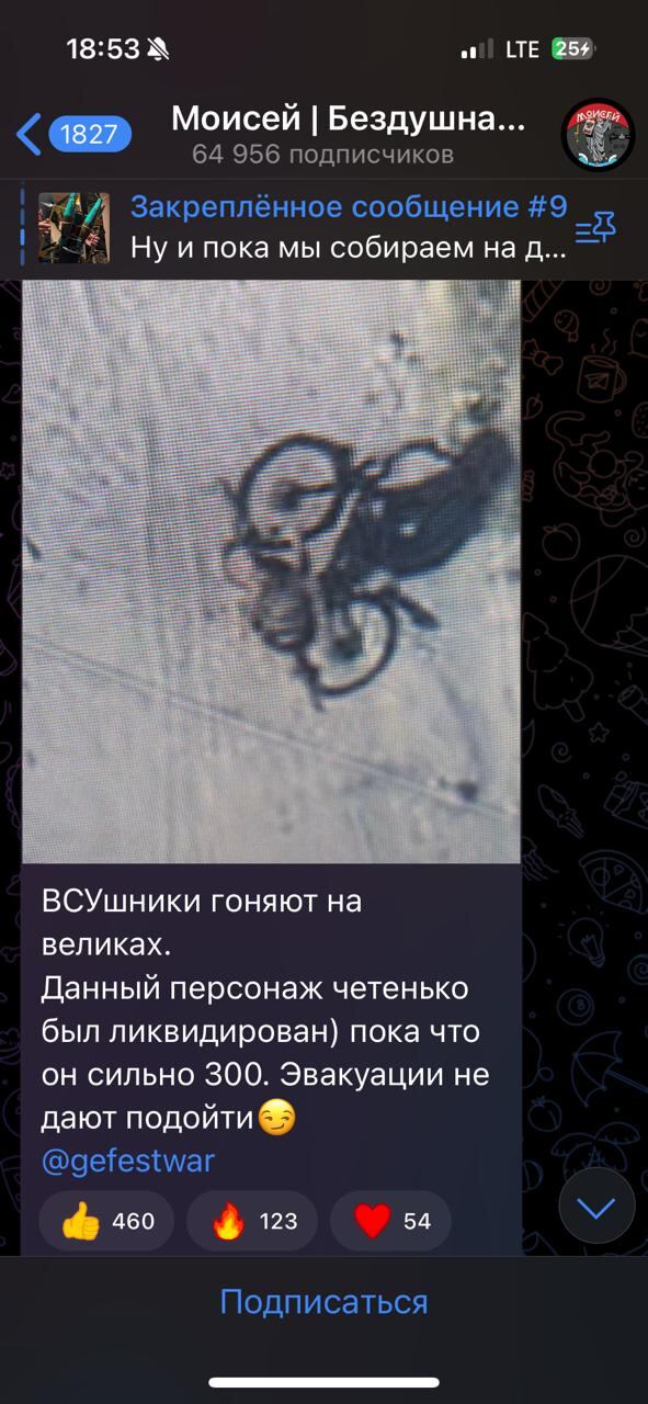 Foto 10: captura de pantalla de un canal ruso de Telegram en la que se ve a una persona en bicicleta, a la que Anastasia reconoció como ella misma. (Captura de pantalla proporcionada por Pavlenko)