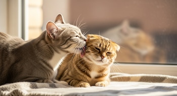 Dos gatos, uno gris atigrado y otro naranja atigrado con orejas aplanadas, sobre una manta. El gato gris lame el cuello del naranja. Ventana soleada al fondo.