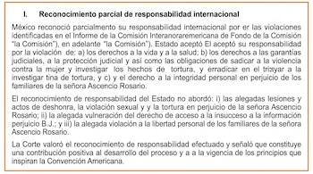 Documento oficial con texto que describe el reconocimiento parcial de responsabilidad internacional de México por violaciones de derechos humanos.