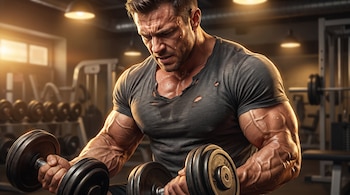 Hombre con los músculos flexionados que sostiene dos mancuernas en una sala de gimnasio con máquinas al fondo.