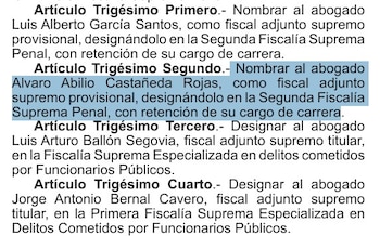Documento con texto que detalla el nombramiento de Alvaro Abilio Castañeda Rojas como fiscal adjunto supremo provisional, resaltado en azul