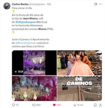 Mosaico de cuatro imágenes: decoraciones florales lujosas en un salón de eventos, un grupo de mujeres en vestidos formales y una vista aérea de un camino rural