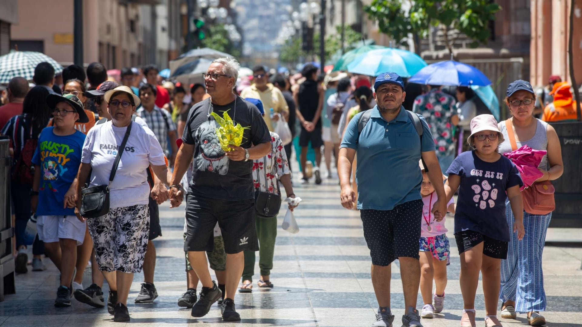 Transeúntes caminan por una calle peatonal protegidos con sombrillas y sombreros ante las altas temperaturas registradas en la costa de Perú. (Agencia Andina)