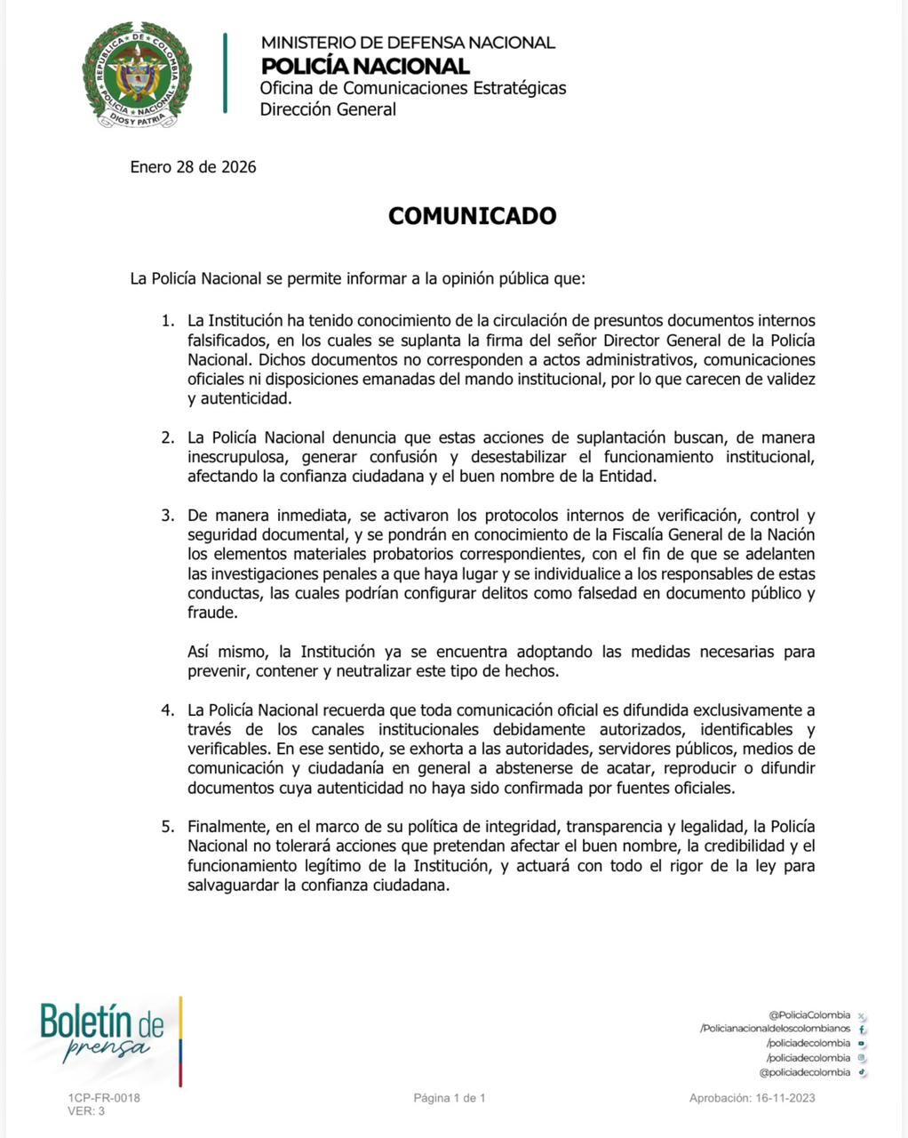El comunicado dejó en claro que se tomarán acciones legales en contra de las personas que sean descubiertas por realizar estas acciones, calificadas como fraude - crédito @PoliciaColombia/X