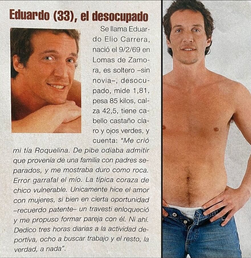 Eduardo Carrera posa para una publicación durante su mediática presentación en la edición de Gran Hermano 2003, generando controversia por su perfil.