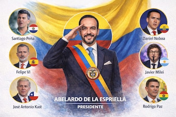 Dibujo de Abelardo de la Espriella con banda presidencial, bandera de Colombia al fondo. Seis círculos con rostros, nombres y banderas de Paraguay, España, Chile, Ecuador, Argentina y Bolivia.