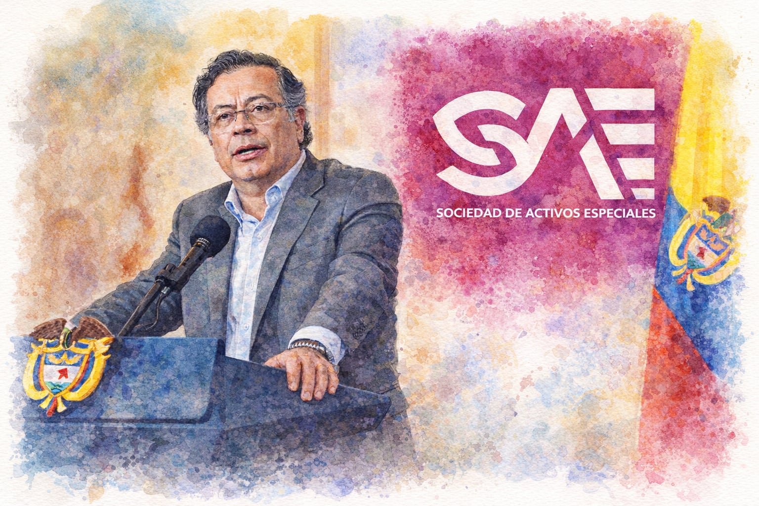 Gustavo Petro junto al logotipo de la Sociedad de Activos Especiales y la bandera de Colombia - crédito (Imagen Ilustrativa Infobae)