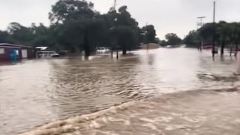 Calle con agua marrón de inundación, edificios y árboles parcialmente sumergidos a los lados, vehículos y postes de servicios públicos. Cielo nublado