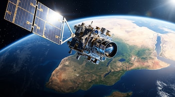 Un satélite metálico con paneles solares y una gran lente se ubica sobre el planeta Tierra y el continente africano.