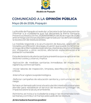 El plan de contingencia incluye medidas de inspección, vigilancia y control sanitario, además de jornadas especiales de limpieza y desinfección - crédito Alcaldía de Popayán
