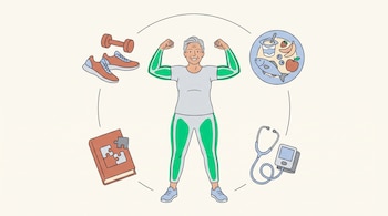 Ilustración de una persona de la tercera edad flexionando los brazos junto a pesas, zapatillas, un plato de comida, un estetoscopio y un libro.