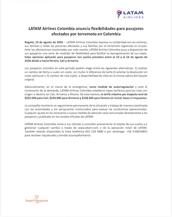 Latam Airlines Colombia fijó tarifas máximas por trayecto de $252.000 para Cali, $234.000 para Armenia y $228.000 para Pereira, sin tasas ni impuestos - crédito Latam