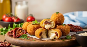 Varias croquetas de papa doradas, algunas cortadas a la mitad mostrando un relleno cremoso y tomates secos, dispuestas en una tabla de madera.