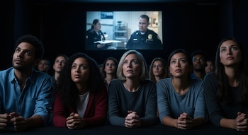 Grupo de personas mirando una pantalla grande en una sala oscura donde se proyecta una escena con dos oficiales de policía.