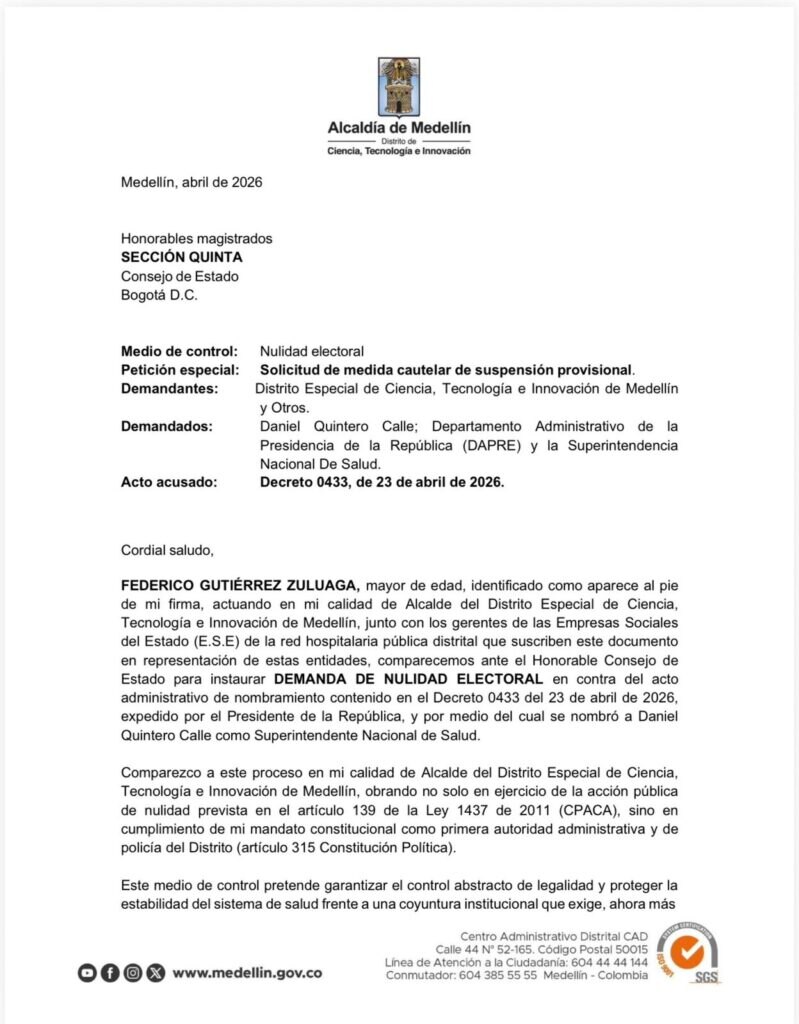 Federico Gutiérrez demanda ante el Consejo de Estado el nombramiento de Daniel Quintero como superintendente de Salud — image 5