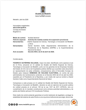 Demanda Federico Gutiérrez contra nombramiento de Daniel Quintero en la Supersalud - crédito Captura de Pantalla Telemedellín