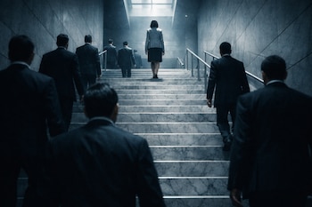Escalera interior de mármol gris. Una mujer con blazer claro y falda oscura sube. Hombres de traje oscuro caminan detrás en escalones inferiores. Pasamanos metálicos.