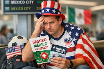 Hombre con sombrero y bandera de EE. UU. sostiene folletos de seguro médico. Al fondo, un tablero de vuelos a Ciudad de México y una bandera mexicana visible.