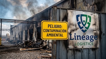 Un cartel amarillo con el texto Peligro Contaminación Ambiental y la marca Lineage Logistics sobre una fachada industrial quemada.