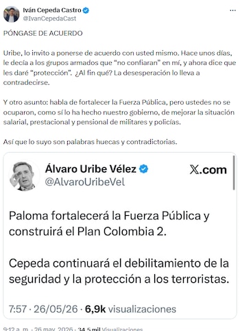 Iván Cepeda respondió a Álvaro Uribe Vélez tras críticas sobre Fuerza Pública y Plan Colombia 2 - crédito @IvanCepedaCast/X