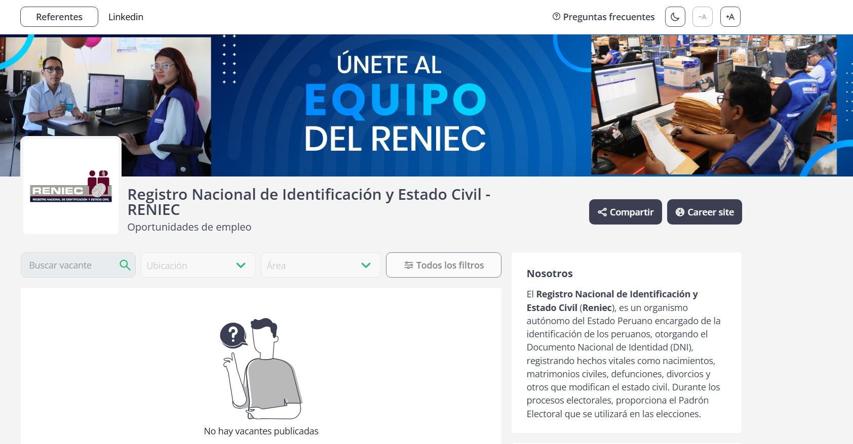 Plataforma del Reniec para postular a las vacantes. Foto: captura Reniec