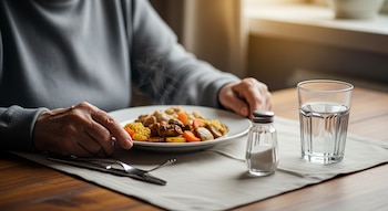 Manos de una persona mayor sobre una mesa de madera, con un plato de comida humeante con maíz, zanahorias, carne, un salero y un vaso de agua.