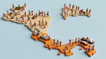 Mapa esquemático con figuras de personas en miniatura que realizan labores agrícolas, de construcción, de oficina y de comercio marítimo. Incluye barcos.