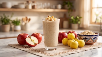 Vaso con batido decorado con trozos de fruta, rodeado de manzanas enteras, una mitad cortada y un tazón con avena sobre una mesa.