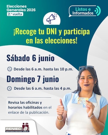 Póster informativo de Reniec con una mujer sonriente mostrando su DNI y un pulgar hacia arriba, junto a detalles de las Elecciones Generales 2026
