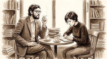 Un hombre y una mujer sentados en una mesa con libros apilados y tazas de café; el hombre fuma y la mujer escribe; estanterías con libros detrás.