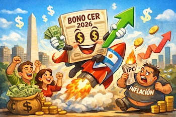 Ilustración de un "Bono CER 2026" volando en cohete sobre el Obelisco. Personas celebran con dinero, mientras un hombre gordo que representa la inflación huye.