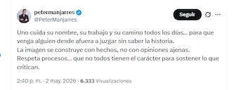 Peter Manjarrés defendió su imagen tras ser criticado por estar en un evento en el que participó Juliana Guerrero - crédito @PeterManjarres/X