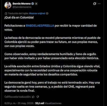 Bernie Moreno (Estados Unidos): El senador republicano de origen colombiano Bernie Moreno felicitó al candidato colombiano y valoró la participación ciudadana durante la jornada electoral - crédito @berniemoreno / X